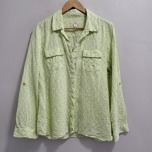 Charter Club Linen Luxury Geometric Print Pattern Button Up Roll Tab Size Large